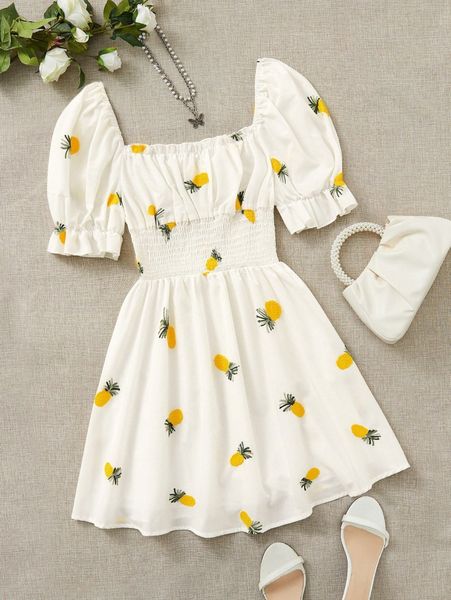 

square neck pineapple print shirred dress 07if#, Black;gray