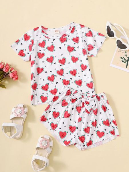 

toddler girls heart print tee & bow front shorts she, White
