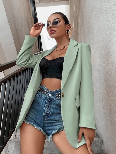 

lapel neck single button blazer 34i1#, White