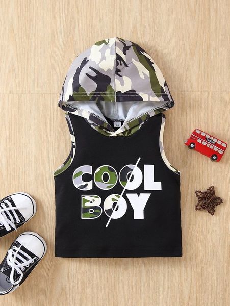 

baby camo & letter graphic hooded tank she, Blue