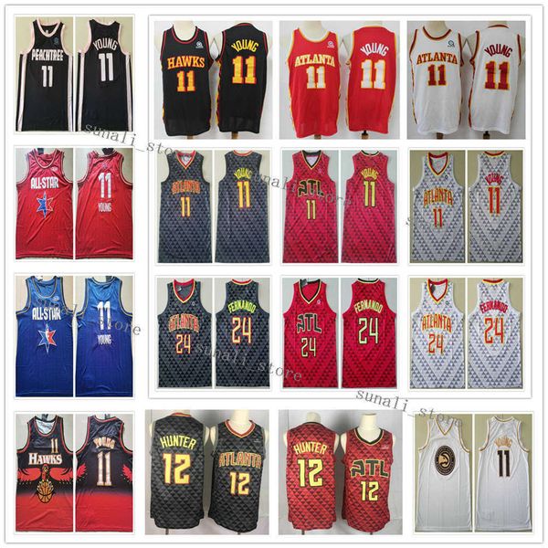 Maglie da basket da uomo cucite NCAA Trae Young 11 De'Andre Hunter 12 Nero Rosso Bianco 2020 All Rising Star Bruno Fernando