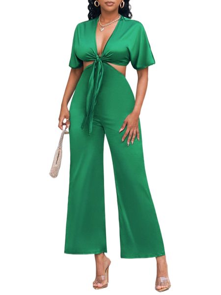 

sxy batwing sleeve knot front cut out satin jumpsuit 09wr#, Black;white