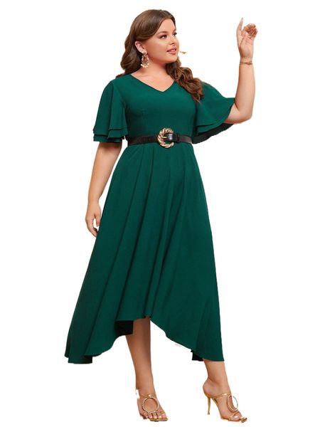 

plus butterfly sleeve asymmetrical hem dress without belt q4i0#, Black