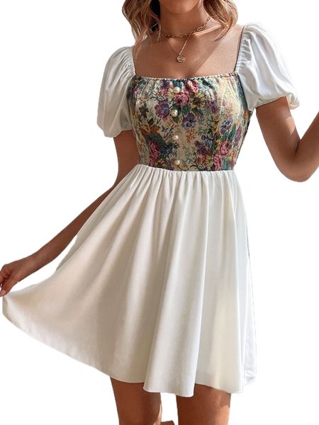 

floral print fake button puff sleeve shirred back dress p1ax#, Black;gray