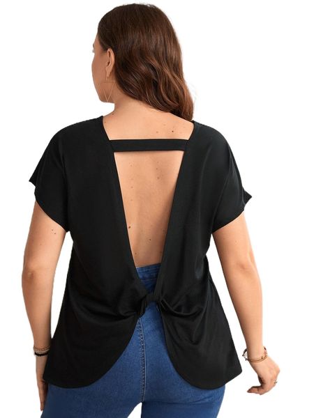 

plus twist cut out back batwing sleeve tee y2vp#, Black