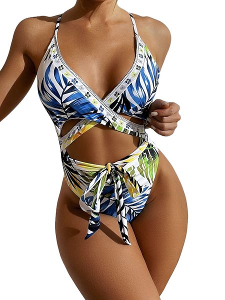 

tropical print wrap one piece swimsuit k24q#, White;black