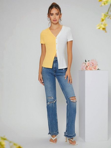 

two tone button front tee h8cd#, White