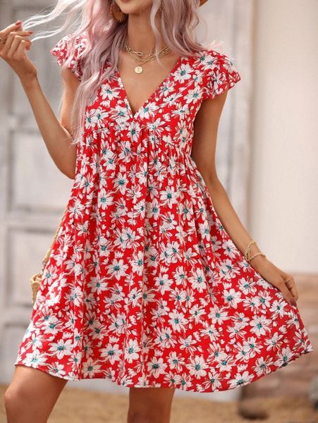 

floral print butterfly sleeve smock dress y057#, Black;gray