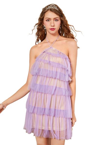

tie backless layered hem mesh halter dress o7va#, Black;gray