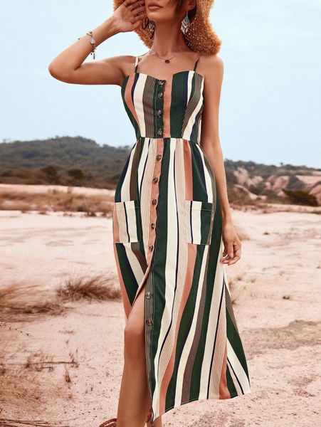 

block striped pocket patched cami dress q6c8#, Black;gray