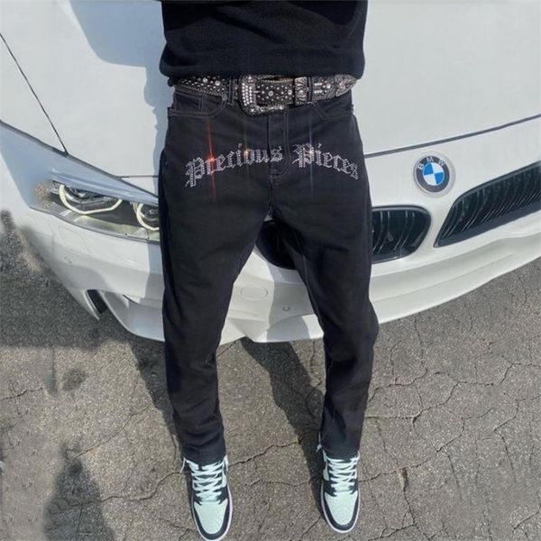 

mans stretchy black jeans skinny slim fit drill punk streetwear biker trousers man hole letter denim pencil pants 220718, Blue