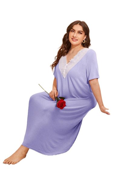 

plus contrast guipure lace fake button nightdress i9l6#, Black;white