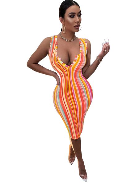 

striped notch neck bodycon dress j8sa#, Black;gray