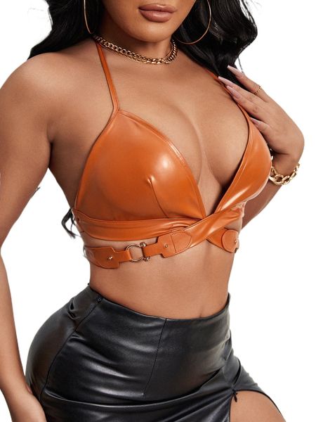

crisscross tie back pu leather halter b9xy#, White