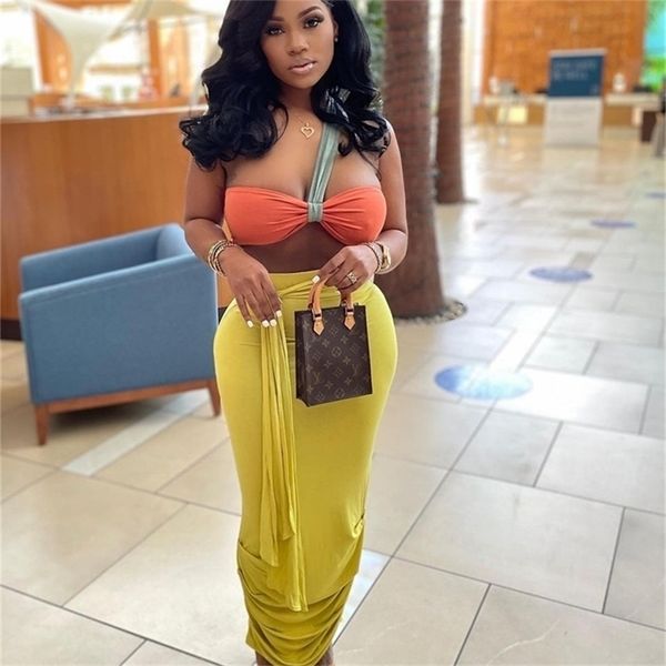 

cm.yaya women ruched bodycon midi maxi long skirts suit and bra matching two 2 piece set outfits summer clubwear 220509, White