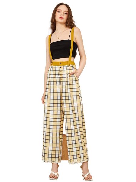 

x sabrine plaid button front pinafore wide leg pants u4lt#, Black;white