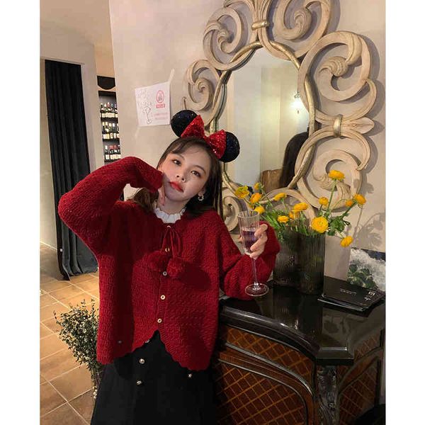 

women's sweaters internet celebrities[christmas ball]casual loose short v-neck red sweater women's winter design sense of fashion, White;black
