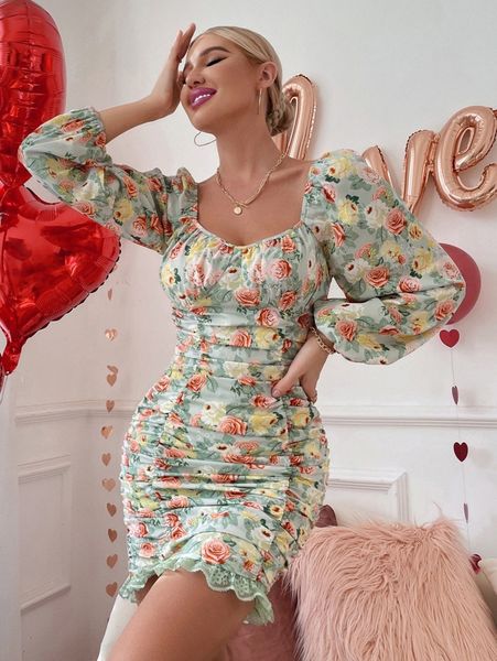 

floral ruched bust lantern sleeve lace hem bodycon dress s0od#, Black;gray