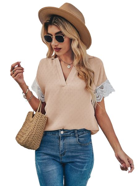 

c.ontrast guipure l.ace b.atwing s.leeve b.louse w0ur#, White