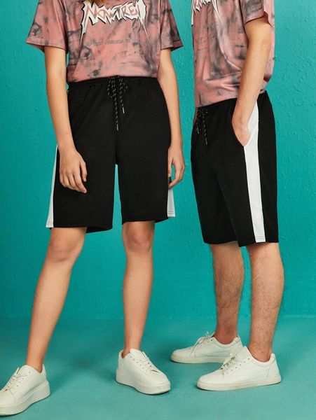 

1pc contrast side seam drawstring waist shorts b8mj#, White;black