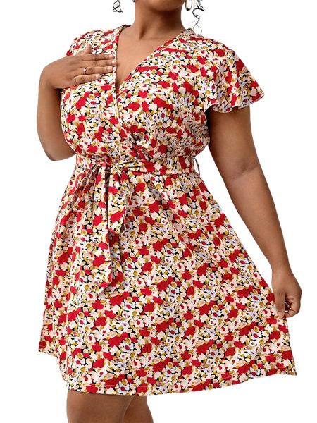 

plus allover floral print surplice neck belted dress u7ll#, Black