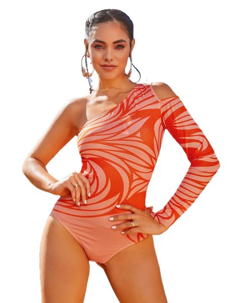 

x aveeation graphic print cut out one shoulder bodysuit c7oi#, White