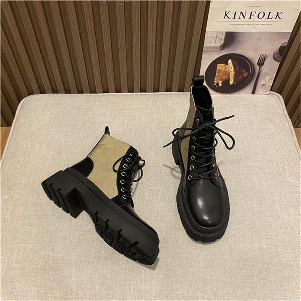 

boots women's 2021 new british style short tube thick bottom bandage color matching thin short boots women's spring and at220718, Black