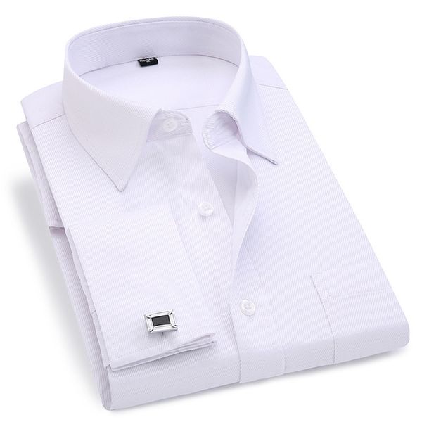 Homens French Dress Dress Camisa Branco Manga Longa Botões Casuais Marca Masculina São Regular Fit Cufflinks Incluído 6xL 220323