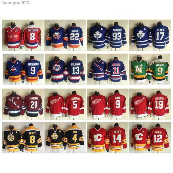 

95 vintage kids hockey jersey 8 alexander ovechkin 93 doug gilmour 17 wendel clark 21 peter forsberg 9 mike modano 9 howe 19 steve yzerma, Black;red