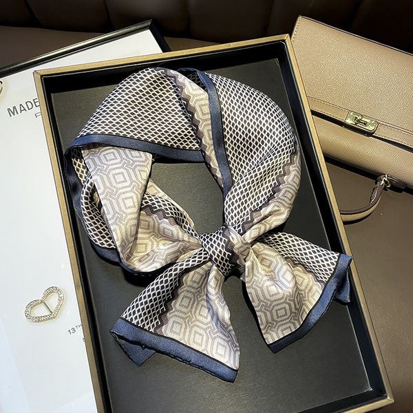 

mesh geometric double layer silk ribbon womens spring and autumn 100% mulberry silk scarf white collar small scarf 150 * 15cm, Blue;gray