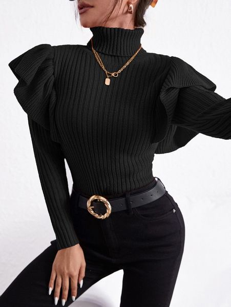 

turtle neck ruffle trim sweater 60vg#, White;black