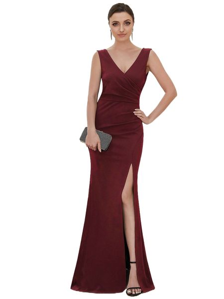

ever-pretty ruched overlap collar slit thigh formal dress q2bu#, Black;gray