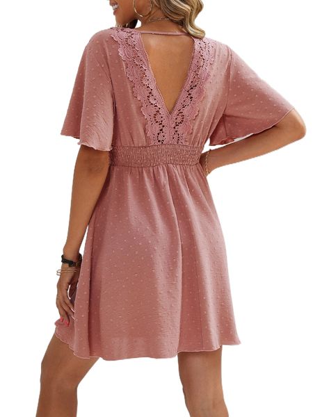 

swiss dot contrast guipure lace cut out flutter sleeve shirred dress n8zm#, Black;gray