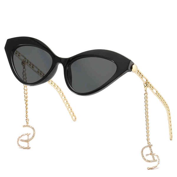 

new fashion cat eye sunglass personalized chain trend vintage luxury brand design sunglasses uv400, White;black