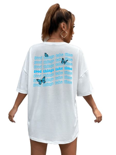 

butterfly and slogan graphic drop shoulder oversized tee f2ia#, White