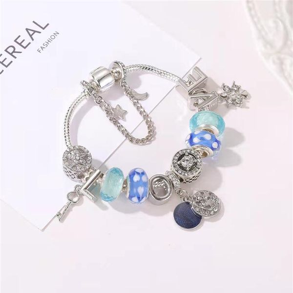 

16-21cm letter jewelry blue starry sky pendant charm bracelet for 925 silver snake chain crystal beads fit diy bangle as bosom fri279o, Golden;silver