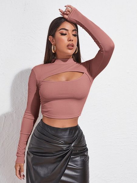 

mock neck cut-out rib-knit slim crop tee u2b5#, White