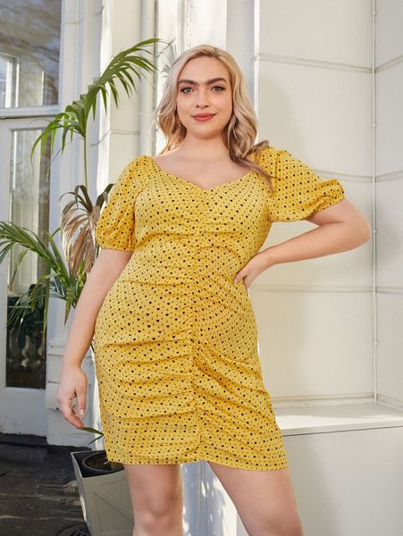 

plus heart print ruched dress v0az#, Black
