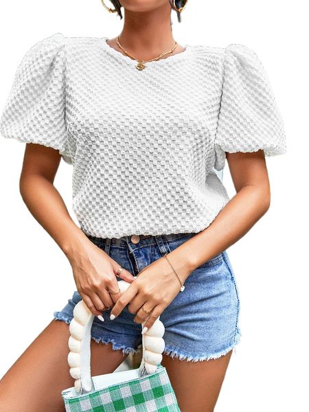 

solid puff sleeve textured blouse c6jj#, White