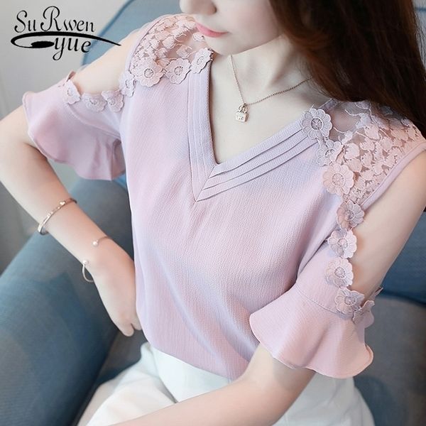 

strapless lace plus size summer women fashion short sleeve chiffon women blouse shirt women clothing blusas 0052 30 y200622, White