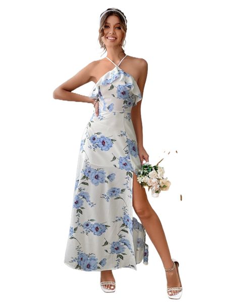 

split thigh floral halter dress c5xh#, Black;gray