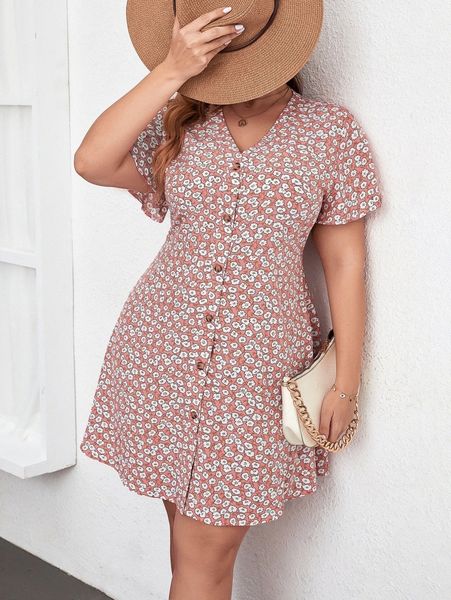 

plus ditsy floral single breasted butterfly sleeve dress 94sk#, Black