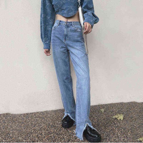 

real s2021 autumn new front slit high waist loose slim floor pants fashion casual micro flared jeans women t220728, Blue