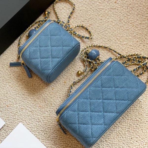 

womens denim canvas case designer bag gold ball adjuster classic quilted plaid hardware chain zip crossbody shoulder bag luxury girls makeup