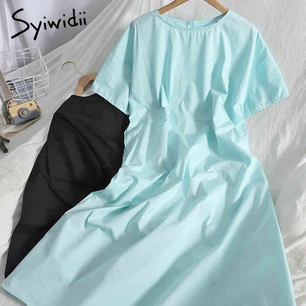 

fashion high waist dresses women short sleeve oneck zipper aline solid light green clothing summer korean 210415, Black;gray