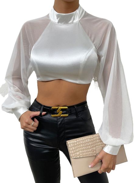 

contrast mesh backless mock neck lantern sleeve crop 921b#, White