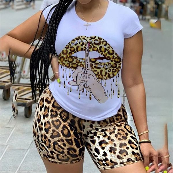 Plus Size 5xl zweiteiliger Set für Frauen Tracksuit Lippen Kurzarm Top Leopard Shorts Sweat Anzug 2 PCs Outfits Matching -Sets 220526