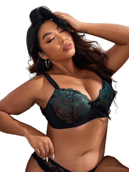 

plus floral lace bow front underwire lingerie set 833a#, Black;white