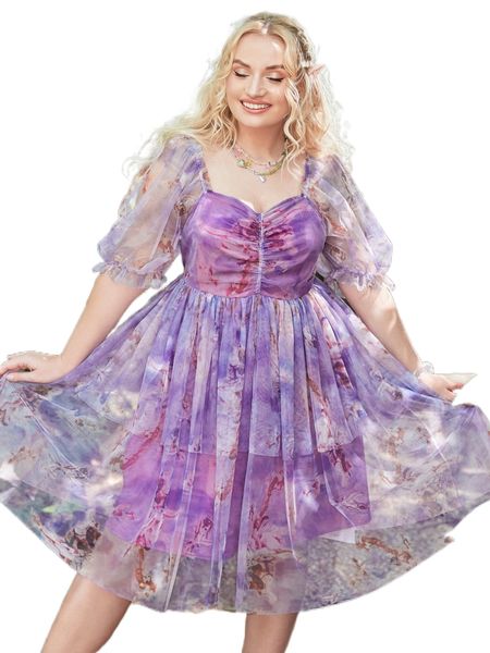 

plus angel print sweetheart neck dress g8le#, Black