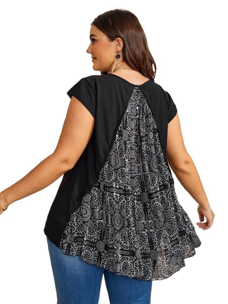 

plus graphic print high low hem blouse v5w5#, Black